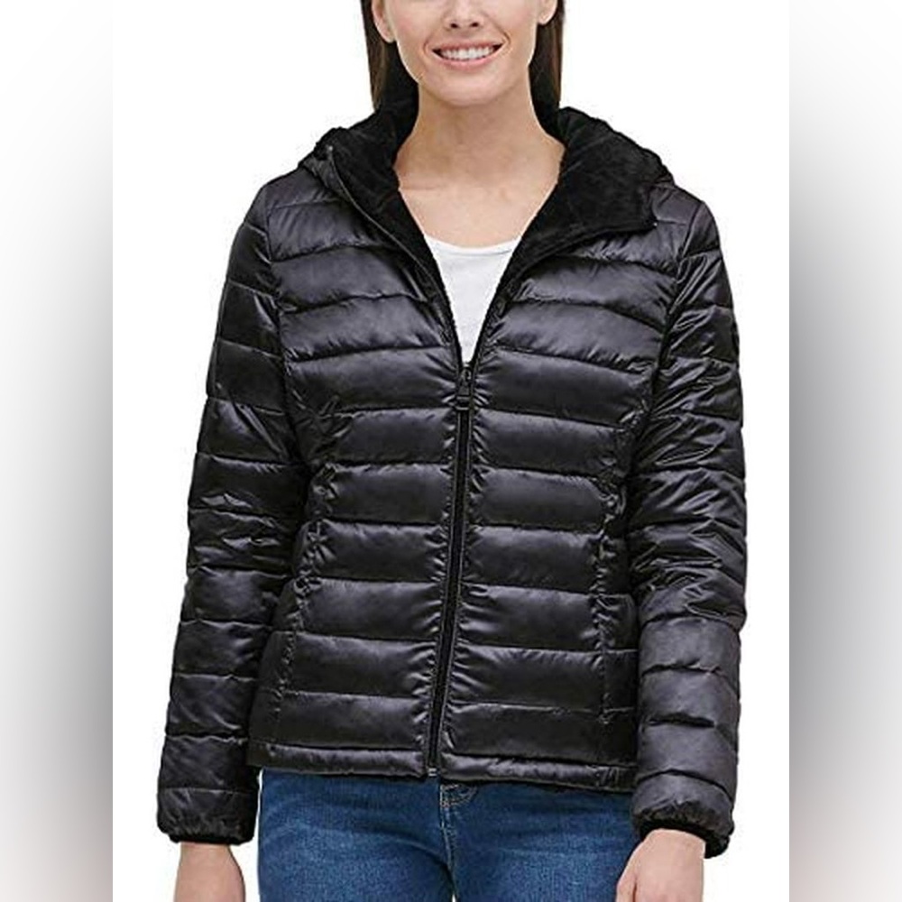 Andrew Marc Black Reversible Puffer Jacket Faux Fur Lined Hooded‎ Winter Coat S